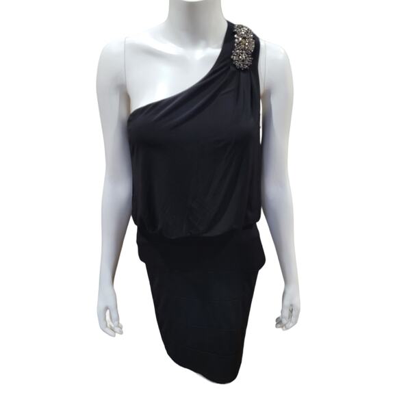 Jodi Kristopher Black Single Shoulder Rhinestone Dress Sz Small Draped Formal - Picture 5 of 10